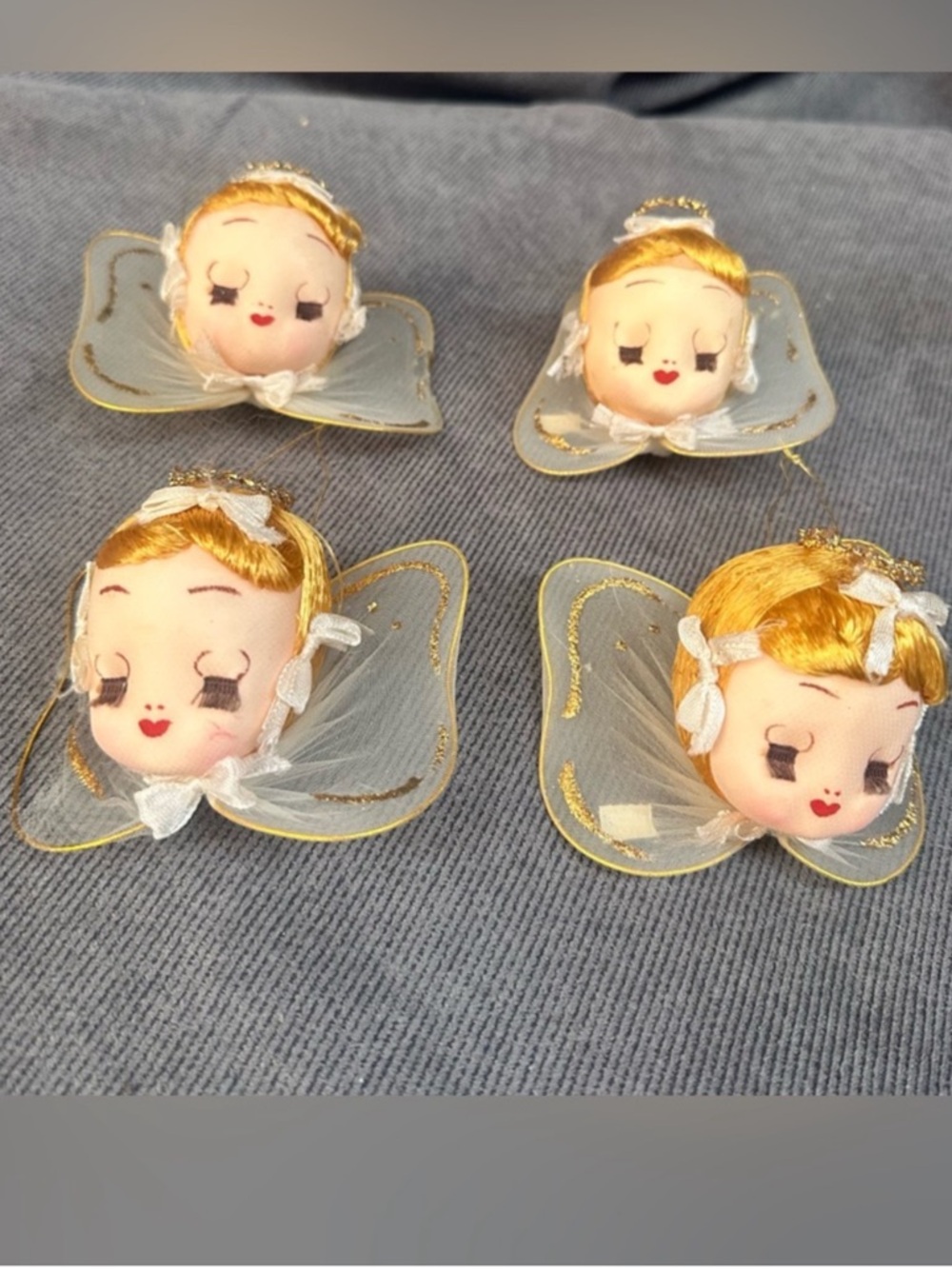 Vintage Praying Angel Christmas Ornaments Stockinette Japan Set Of 4